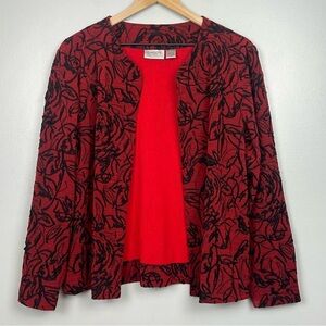 Chico’s Travelers red & black textured slinky knit open front jacket, large.